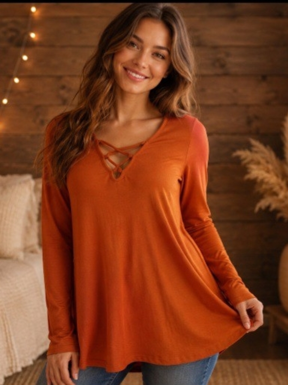 Crisscross V-Neck Long Sleeve Top - Rust